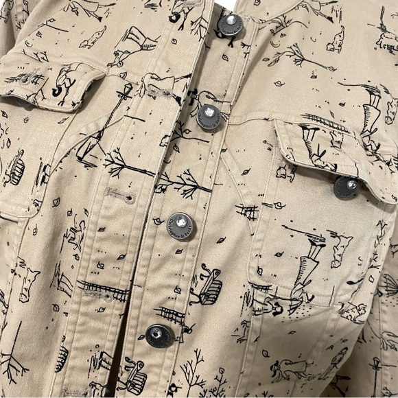 Christopher & Banks 2007 Tan Stretch Jacket Blazer Dog & People Sketch Drawing M - Picture 2 of 8